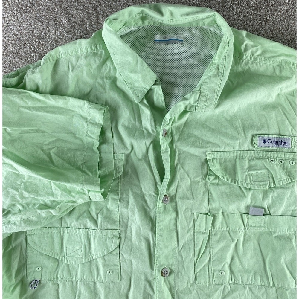 Columbia PFG Omnishade Light‎ Green Shirt Men XL Cotton/Poly Vented Wick Fishing